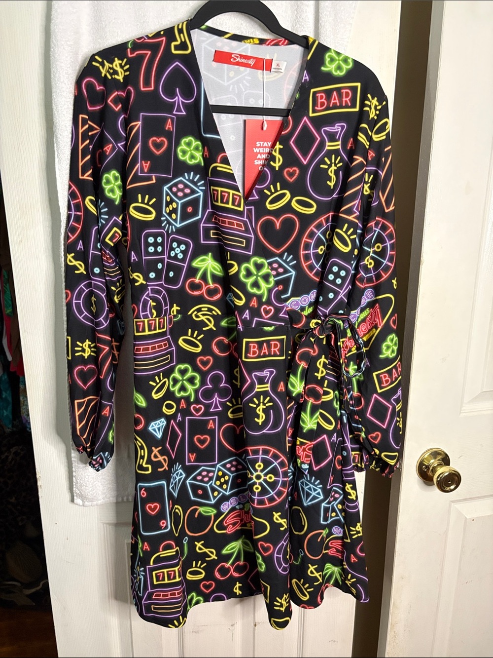 Shinesty Neon Casino Print Long Sleeve Wrap Dress - Black